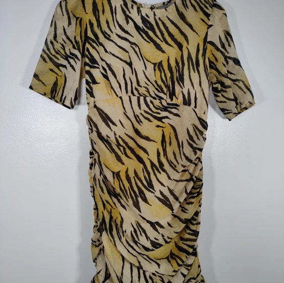 Asos Ruched Tiger Print Dress Size 8 - Picture 3 of 6